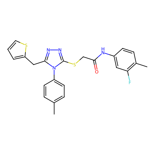 N-(3-fluoro-4-methylphenyl)-2-{[4-(4-methylphenyl)-5-(thiophen-2-ylmethyl)-4H-1,2,4-triazol-3-yl]sulfanyl}acetamide structure