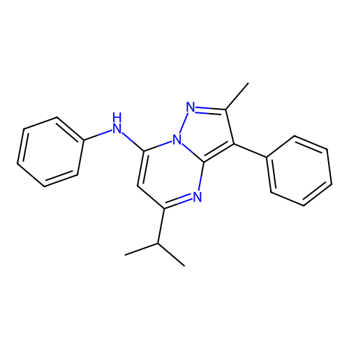 2-methyl-N,3-diphenyl-5-(propan-2-yl)pyrazolo[1,5-a]pyrimidin-7-amine structure