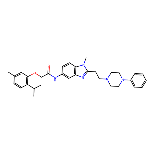 2-(2-isopropyl-5-methylphenoxy)-N-(1-methyl-2-(2-(4-phenylpiperazin-1-yl)ethyl)-1H-benzo[d]imidazol-5-yl)acetamide structure