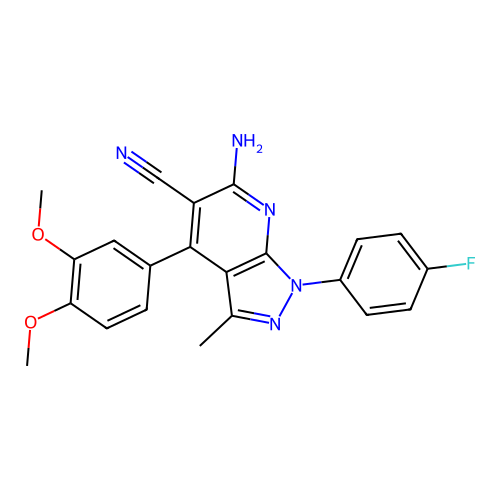 6-amino-4-(3,4-dimethoxyphenyl)-1-(4-fluorophenyl)-3-methyl-1H-pyrazolo[3,4-b]pyridine-5-carbonitrile structure