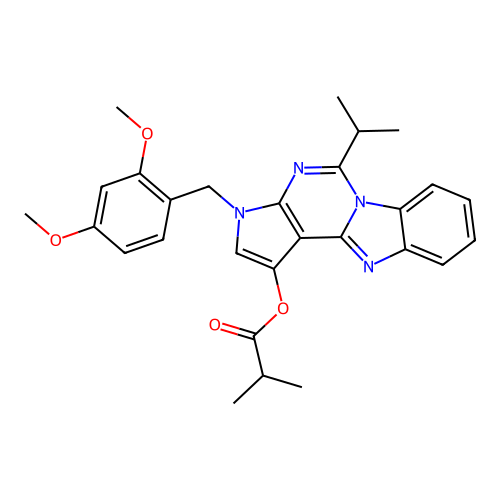 3-(2,4-dimethoxybenzyl)-5-(propan-2-yl)-3H-pyrrolo[2',3':4,5]pyrimido[1,6-a]benzimidazol-1-yl 2-methylpropanoate structure