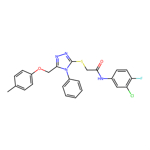 N-(3-chloro-4-fluorophenyl)-2-((4-phenyl-5-((p-tolyloxy)methyl)-4H-1,2,4-triazol-3-yl)thio)acetamide structure