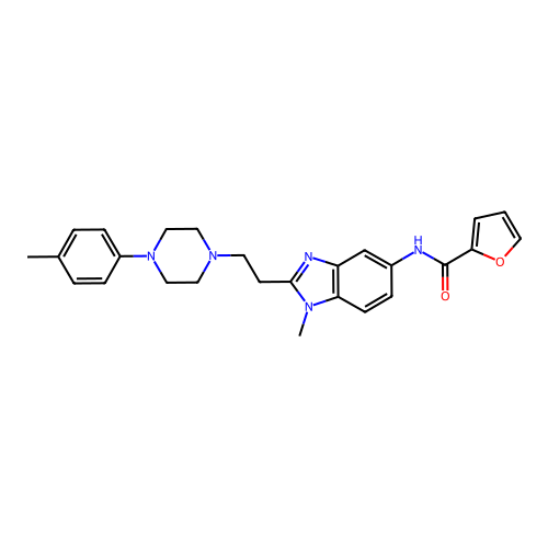 N-(1-methyl-2-(2-(4-(p-tolyl)piperazin-1-yl)ethyl)-1H-benzo[d]imidazol-5-yl)furan-2-carboxamide structure