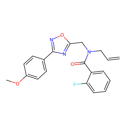 2-fluoro-N-[[3-(4-methoxyphenyl)-1,2,4-oxadiazol-5-yl]methyl]-N-prop-2-enylbenzamide structure