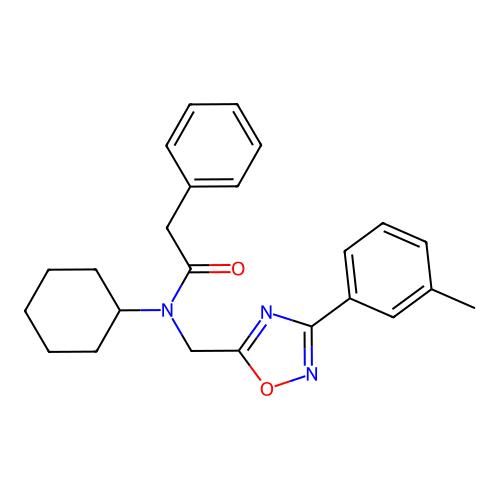 N-cyclohexyl-2-phenyl-N-((3-(m-tolyl)-1,2,4-oxadiazol-5-yl)methyl)acetamide structure