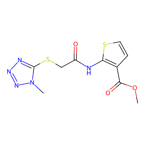 methyl 2-({[(1-methyl-1H-tetrazol-5-yl)sulfanyl]acetyl}amino)thiophene-3-carboxylate structure