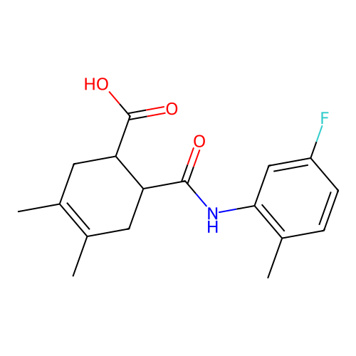 6-[(5-fluoro-2-methylphenyl)carbamoyl]-3,4-dimethylcyclohex-3-ene-1-carboxylic acid structure