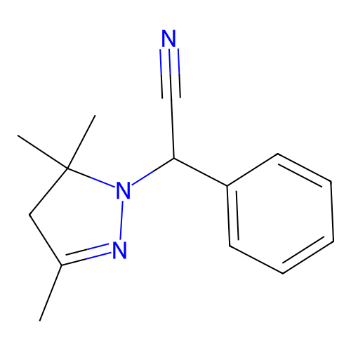 2-phenyl-2-(3,5,5-trimethyl-4H-pyrazol-1-yl)acetonitrile structure