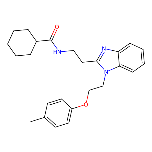 N-[2-[1-[2-(4-methylphenoxy)ethyl]benzimidazol-2-yl]ethyl]cyclohexanecarboxamide structure