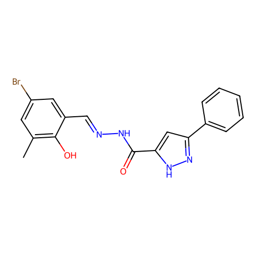 N-[(5-bromo-2-hydroxy-3-methylphenyl)methylideneamino]-3-phenyl-1H-pyrazole-5-carboxamide structure