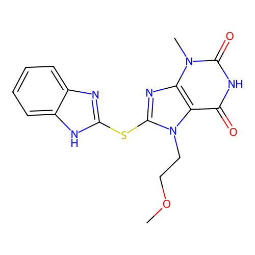 8-(1H-benzimidazol-2-ylsulfanyl)-7-(2-methoxyethyl)-3-methylpurine-2,6-dione structure
