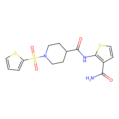 N-(3-carbamoylthiophen-2-yl)-1-(thiophen-2-ylsulfonyl)piperidine-4-carboxamide structure