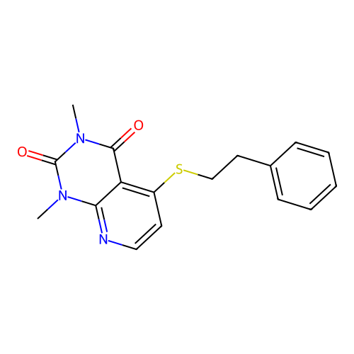 1,3-dimethyl-5-(phenethylthio)pyrido[2,3-d]pyrimidine-2,4(1H,3H)-dione structure