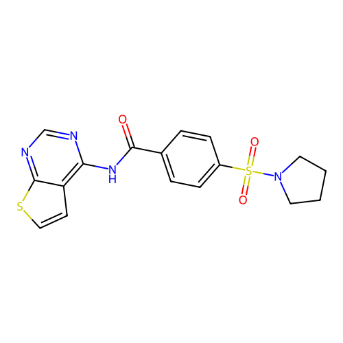 4-(pyrrolidin-1-ylsulfonyl)-N-(thieno[2,3-d]pyrimidin-4-yl)benzamide structure