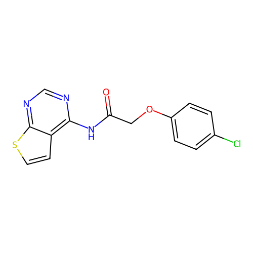2-(4-chlorophenoxy)-N-(thieno[2,3-d]pyrimidin-4-yl)acetamide structure