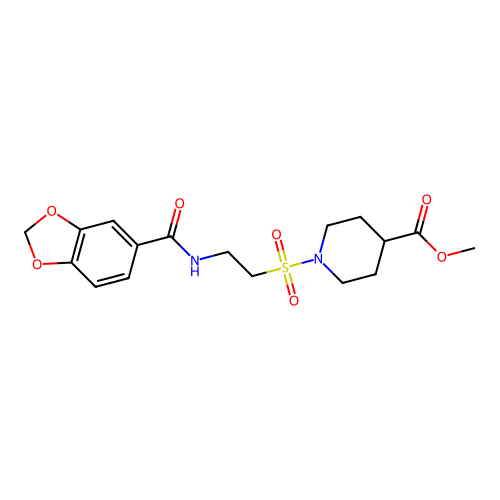methyl 1-((2-(benzo[d][1,3]dioxole-5-carboxamido)ethyl)sulfonyl)piperidine-4-carboxylate structure