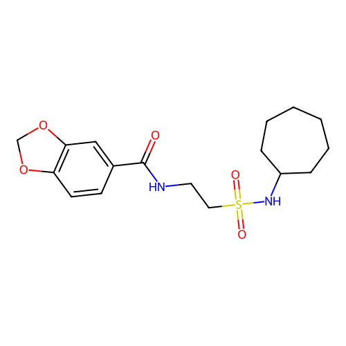 N-[2-(cycloheptylsulfamoyl)ethyl]-1,3-benzodioxole-5-carboxamide structure