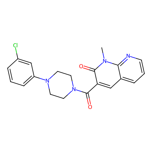 3-(4-(3-chlorophenyl)piperazine-1-carbonyl)-1-methyl-1,8-naphthyridin-2(1H)-one structure