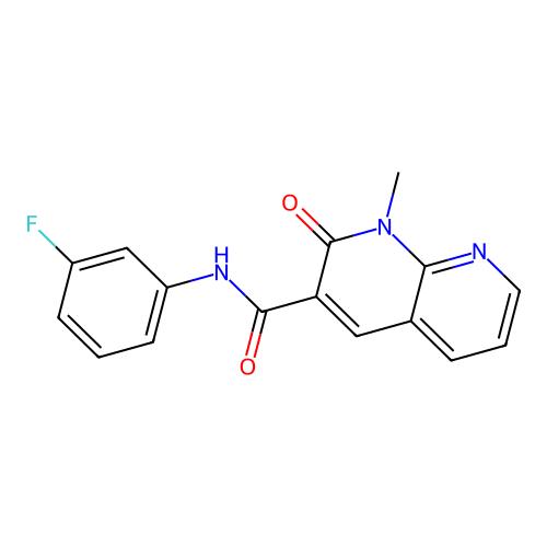 N-(3-fluorophenyl)-1-methyl-2-oxo-1,2-dihydro-1,8-naphthyridine-3-carboxamide structure
