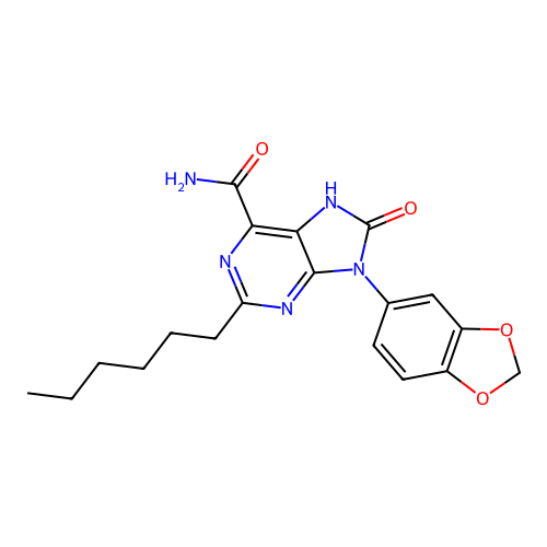 9-(benzo[d][1,3]dioxol-5-yl)-2-hexyl-8-oxo-8,9-dihydro-7H-purine-6-carboxamide structure