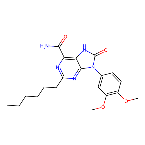 9-(3,4-dimethoxyphenyl)-2-hexyl-8-oxo-8,9-dihydro-7H-purine-6-carboxamide structure