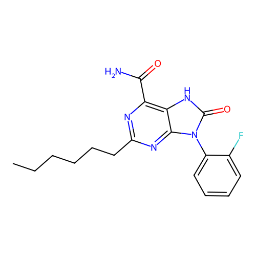 9-(2-fluorophenyl)-2-hexyl-8-oxo-8,9-dihydro-7H-purine-6-carboxamide structure