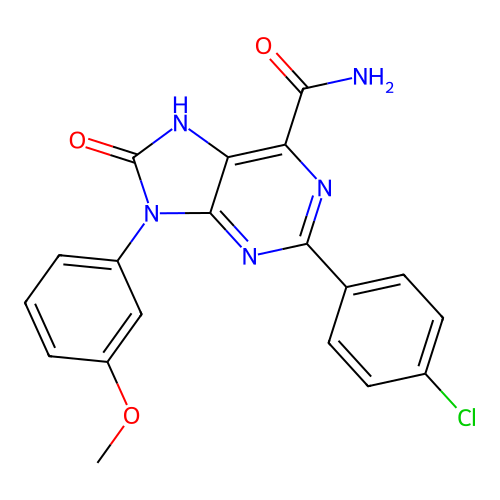 2-(4-chlorophenyl)-9-(3-methoxyphenyl)-8-oxo-8,9-dihydro-7H-purine-6-carboxamide structure