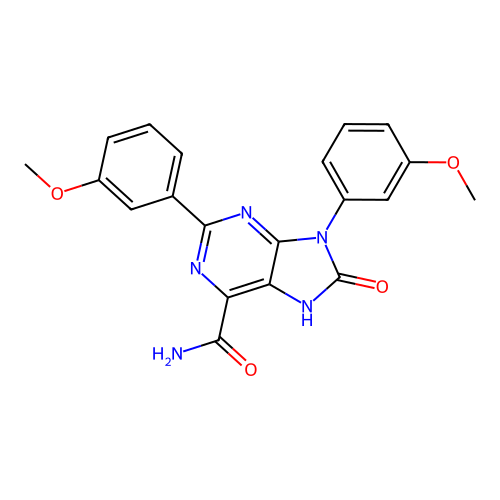 2,9-bis(3-methoxyphenyl)-8-oxo-8,9-dihydro-7H-purine-6-carboxamide structure
