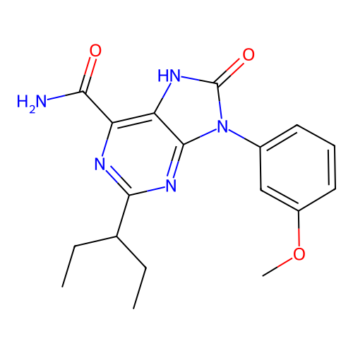 9-(3-methoxyphenyl)-8-oxo-2-(pentan-3-yl)-8,9-dihydro-7H-purine-6-carboxamide structure