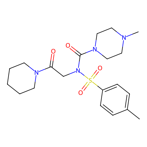 4-methyl-N-(2-oxo-2-(piperidin-1-yl)ethyl)-N-tosylpiperazine-1-carboxamide structure