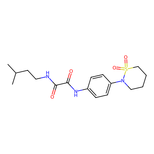 N'-[4-(1,1-dioxothiazinan-2-yl)phenyl]-N-(3-methylbutyl)oxamide structure
