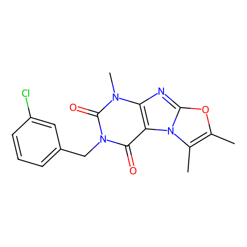 3-(3-chlorobenzyl)-1,6,7-trimethyloxazolo[2,3-f]purine-2,4(1H,3H)-dione structure