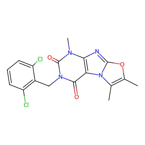 3-(2,6-dichlorobenzyl)-1,6,7-trimethyloxazolo[2,3-f]purine-2,4(1H,3H)-dione structure