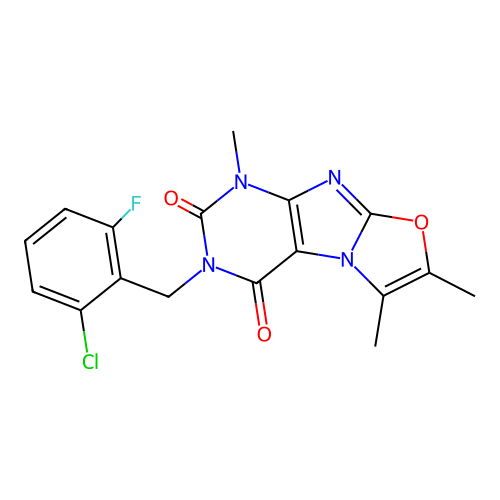 3-(2-chloro-6-fluorobenzyl)-1,6,7-trimethyloxazolo[2,3-f]purine-2,4(1H,3H)-dione structure