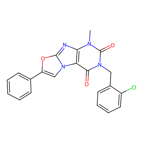 3-(2-chlorobenzyl)-1-methyl-7-phenyloxazolo[2,3-f]purine-2,4(1H,3H)-dione structure