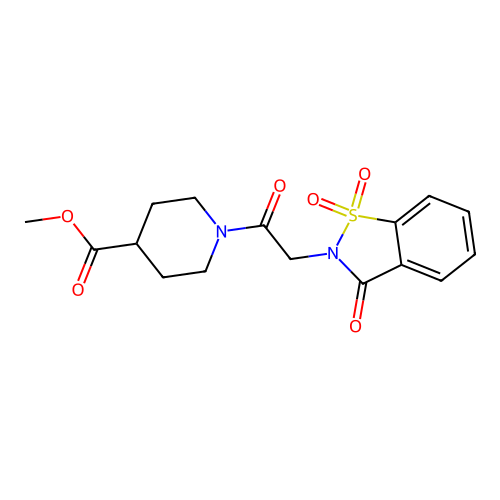methyl 1-(2-(1,1-dioxido-3-oxobenzo[d]isothiazol-2(3H)-yl)acetyl)piperidine-4-carboxylate structure