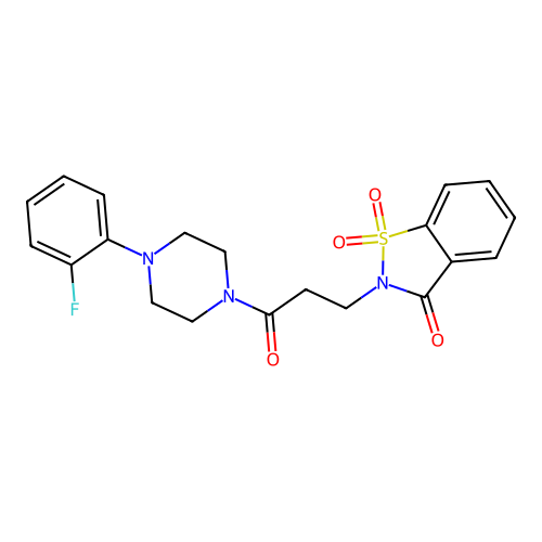 2-[3-[4-(2-fluorophenyl)piperazin-1-yl]-3-oxopropyl]-1,1-dioxo-1,2-benzothiazol-3-one structure