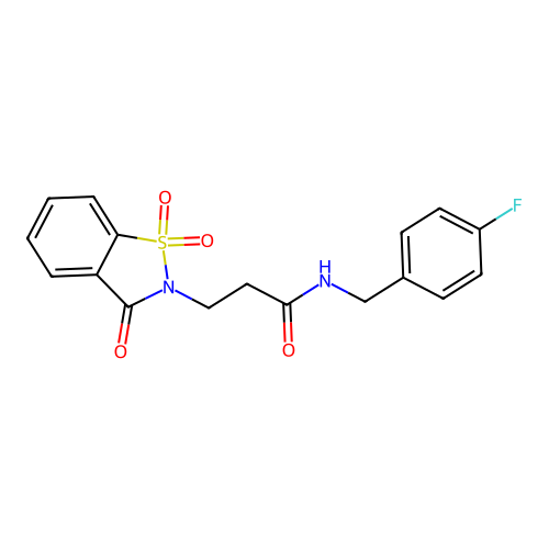 3-(1,1-dioxido-3-oxobenzo[d]isothiazol-2(3H)-yl)-N-(4-fluorobenzyl)propanamide structure