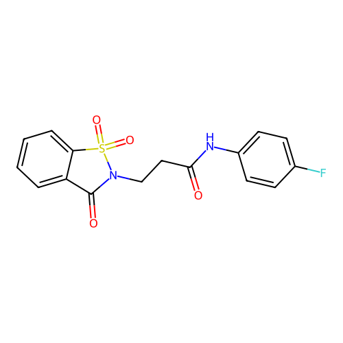 3-(1,1-dioxido-3-oxobenzo[d]isothiazol-2(3H)-yl)-N-(4-fluorophenyl)propanamide structure