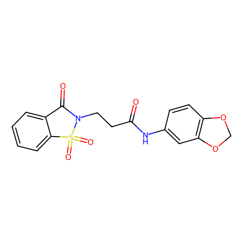 N-(1,3-benzodioxol-5-yl)-3-(1,1,3-trioxo-1,2-benzothiazol-2-yl)propanamide structure