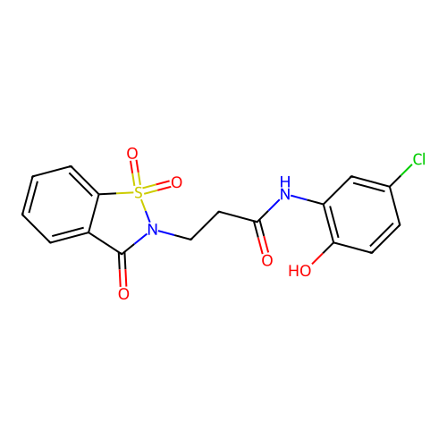 N-(5-chloro-2-hydroxyphenyl)-3-(1,1,3-trioxo-1,2-benzothiazol-2-yl)propanamide structure