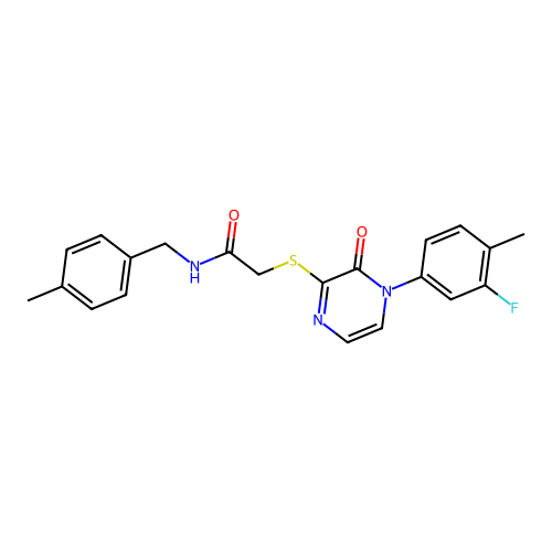 2-((4-(3-fluoro-4-methylphenyl)-3-oxo-3,4-dihydropyrazin-2-yl)thio)-N-(4-methylbenzyl)acetamide structure