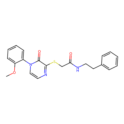 2-((4-(2-methoxyphenyl)-3-oxo-3,4-dihydropyrazin-2-yl)thio)-N-phenethylacetamide structure