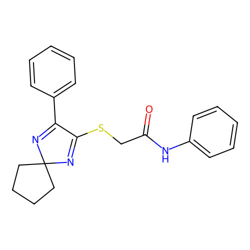 N-phenyl-2-[(3-phenyl-1,4-diazaspiro[4.4]nona-1,3-dien-2-yl)sulfanyl]acetamide structure