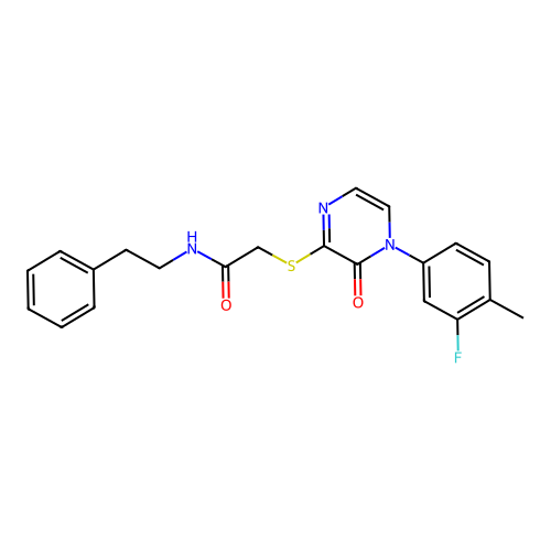 2-((4-(3-fluoro-4-methylphenyl)-3-oxo-3,4-dihydropyrazin-2-yl)thio)-N-phenethylacetamide structure