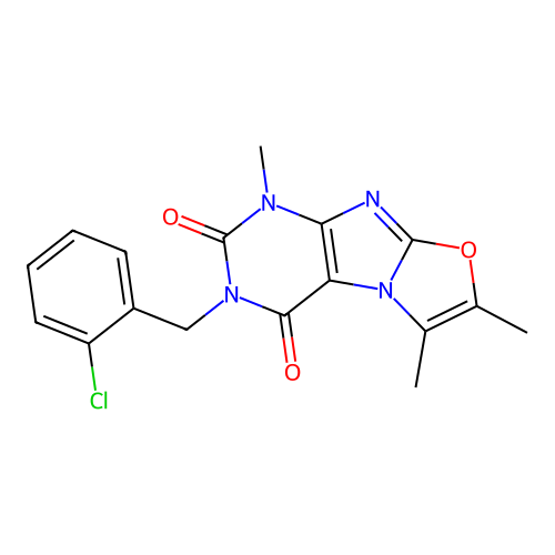 3-(2-chlorobenzyl)-1,6,7-trimethyloxazolo[2,3-f]purine-2,4(1H,3H)-dione structure