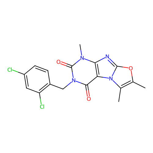 3-(2,4-dichlorobenzyl)-1,6,7-trimethyloxazolo[2,3-f]purine-2,4(1H,3H)-dione structure