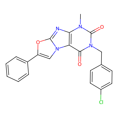 3-(4-chlorobenzyl)-1-methyl-7-phenyloxazolo[2,3-f]purine-2,4(1H,3H)-dione structure