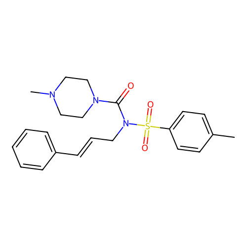N-cinnamyl-4-methyl-N-tosylpiperazine-1-carboxamide structure