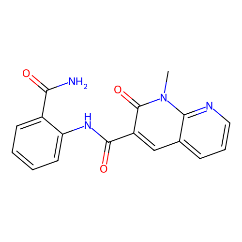 N-(2-carbamoylphenyl)-1-methyl-2-oxo-1,2-dihydro-1,8-naphthyridine-3-carboxamide structure